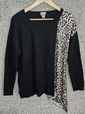 Chicos Top Womens 2 US Large Black Animal Print Knit Blouse Scoop Neck Blouse